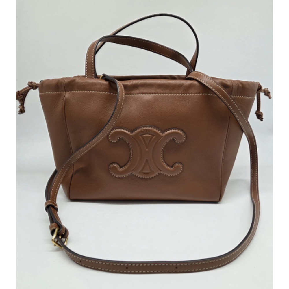 Celine Cabas Small Hippo Drawstring Triomphe Brown Leather Bag – Authenticated
